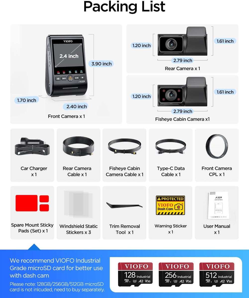 VIOFO A329S 4K+2K+2K Dash Cam Front Cabin and Rear, STARVIS 2 HDR, Wi-Fi 6