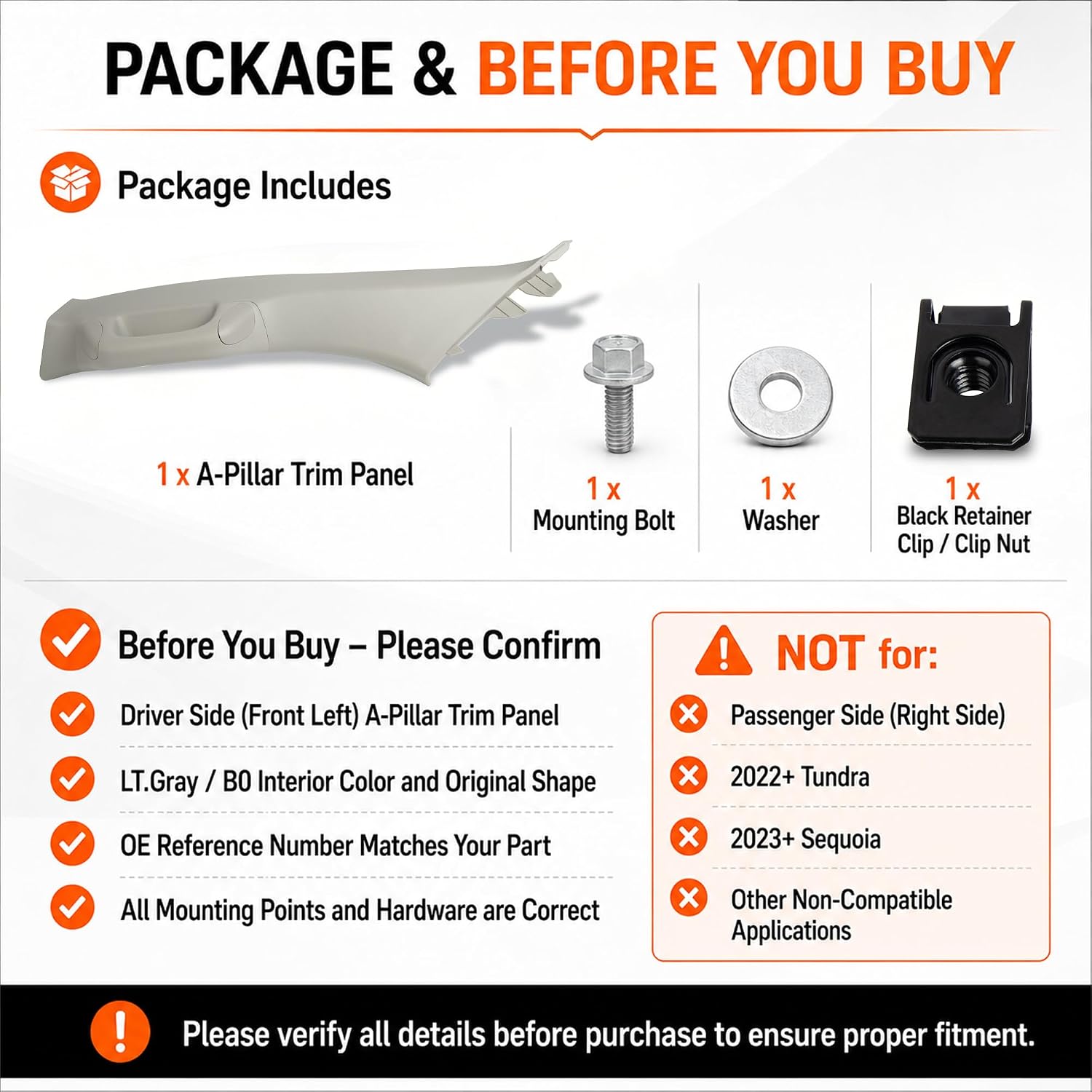 Driver Side A-Pillar Grab Handle Kit Compatible with Toyota Tundra 2007-2021 & Sequoia 2008-2022, Front Left Pillar Garnish Trim Panel, Replaces 62220-0C050-B0 74610-0C082-B0, Light Gray