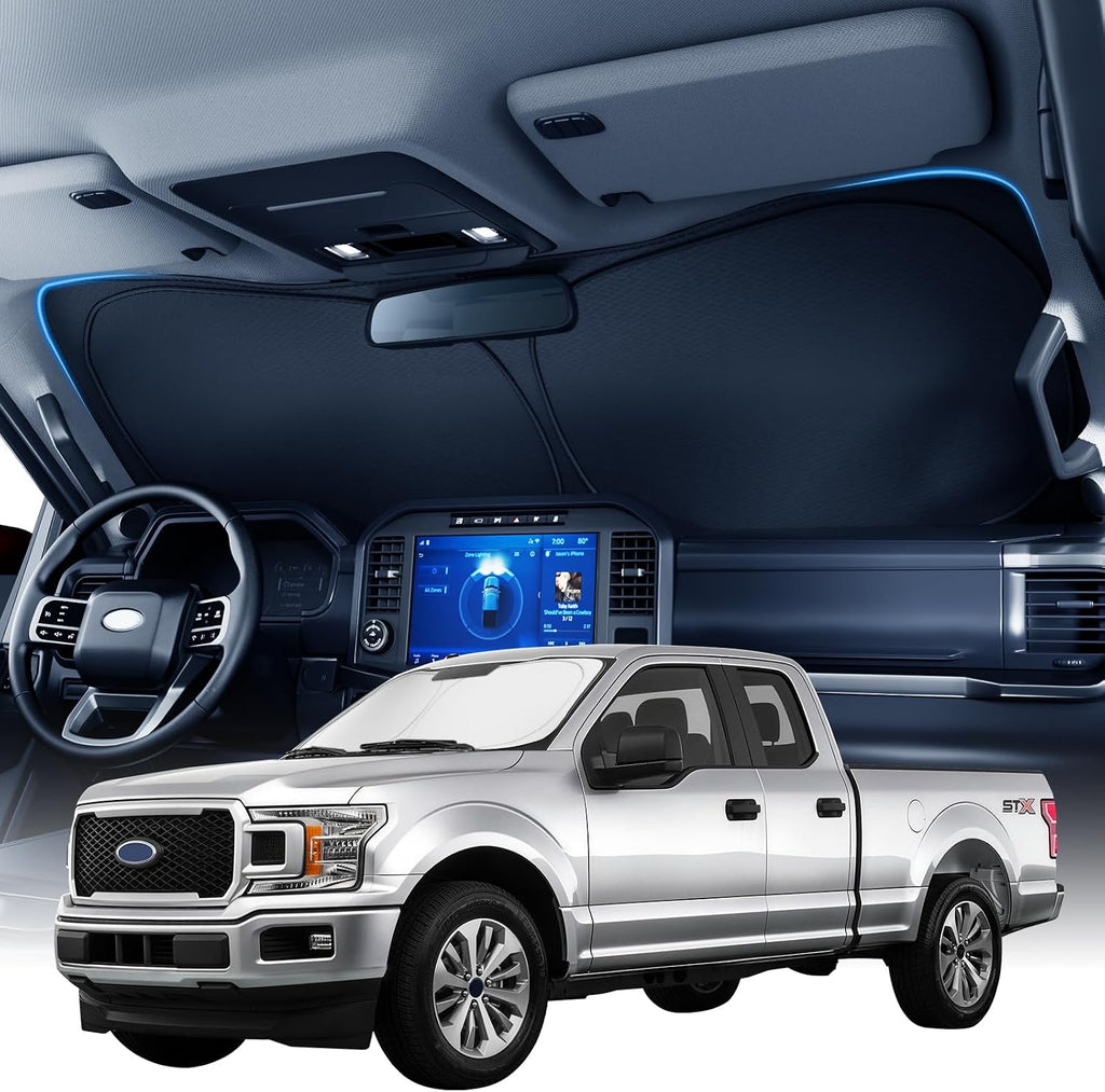 Zanch Custom Windshield Sun Shade for Ford F150 F250 F350&450 (2015–2026), 3D Scanned Fit, 7-Layer Heavy-Duty UV & Heat Blocking Protection, Interior Cooling, Foldable Truck Accessories