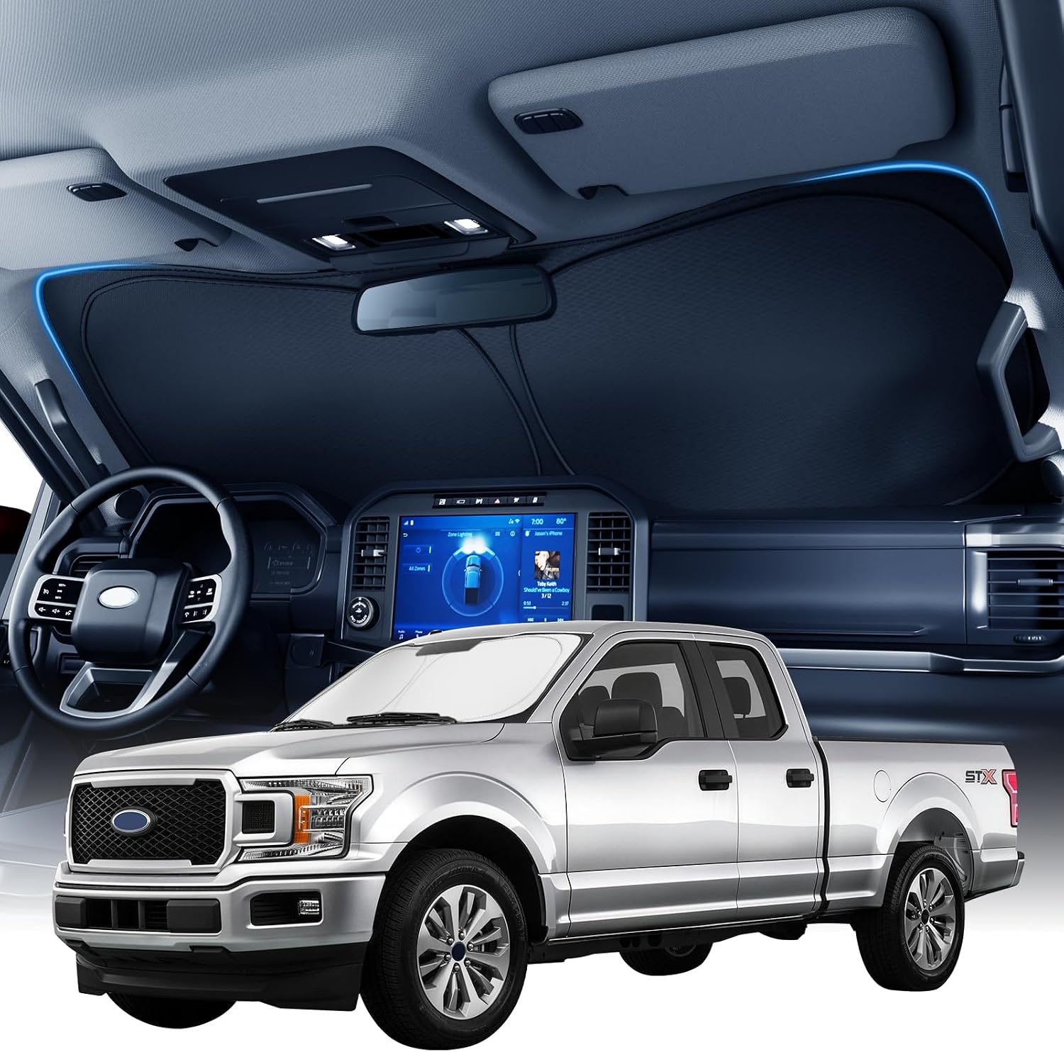 Zanch Custom Windshield Sun Shade for Ford F150 F250 F350&450 (2015–2026), 3D Scanned Fit, 7-Layer Heavy-Duty UV & Heat Blocking Protection, Interior Cooling, Foldable Truck Accessories
