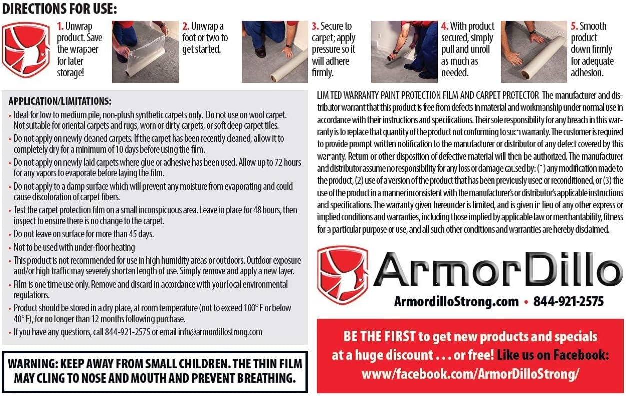 ArmorDillo 18.44 per roll 9 Rolls (case) Only Carpet Film with Easy Start, Free Utiltity Knife, Full 3 Mil - 3 Layer PEP, Bubble Adhesive, and 100% Made in USA