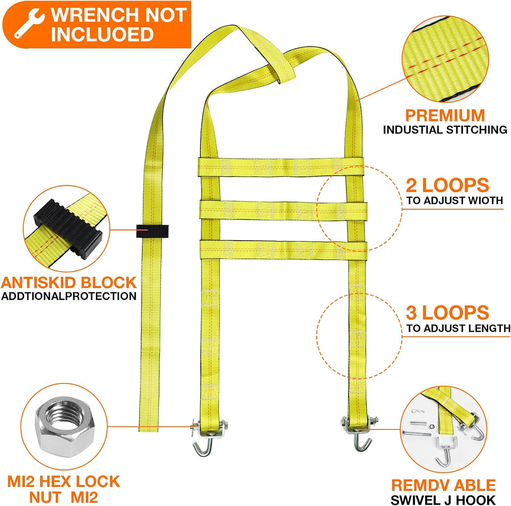 Adjustable Tow Dolly Basket Straps with Swivel J Hook-2 Pack,Car Wheel Strap Tire Bonnet Net Fits 13"-21" Tires Auto Universal Vehicle Car Dolly Ropes Accessories 10,000lbs Break Strength