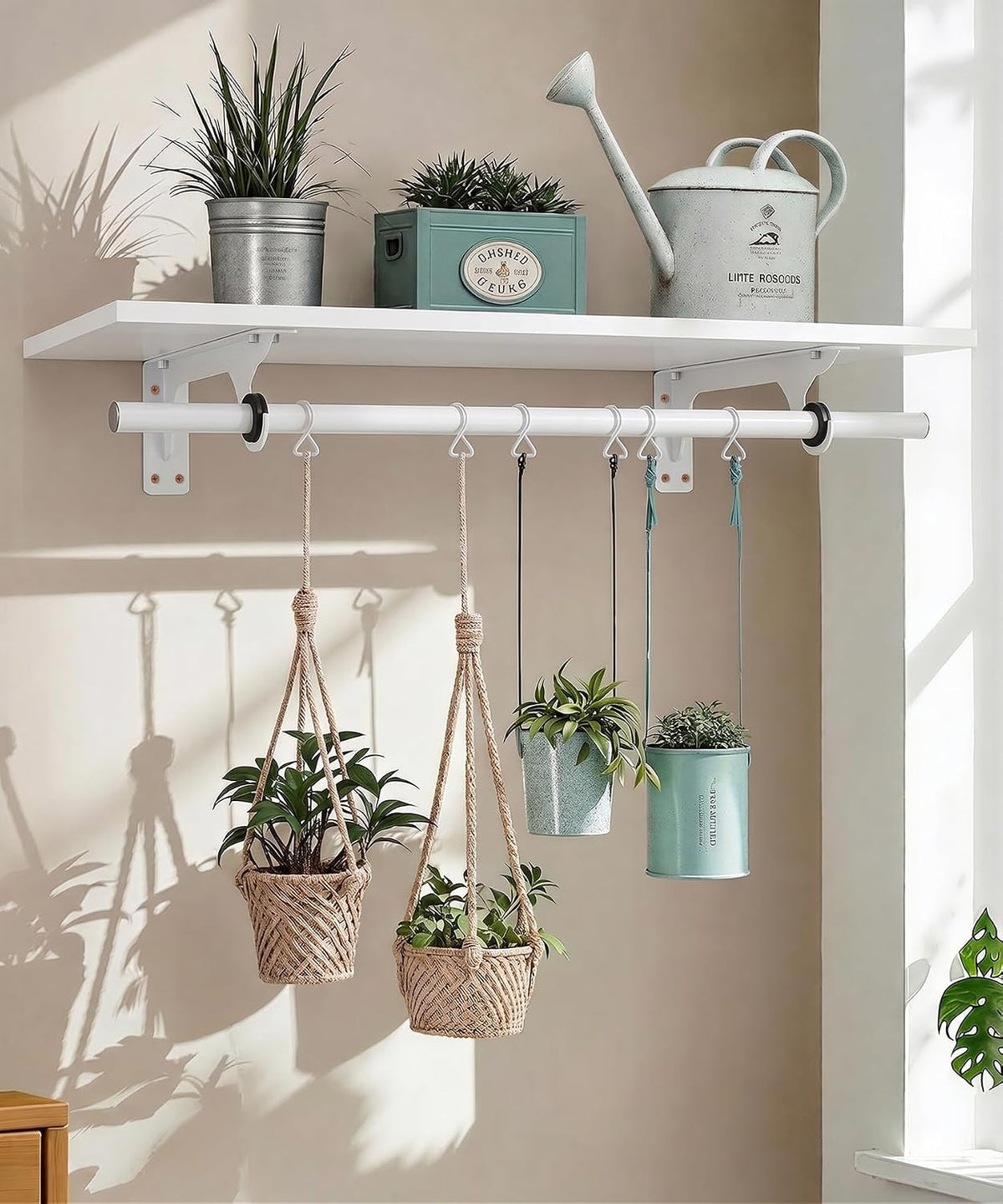 wall mounted clothes rack, with top shelf and showing dimensions