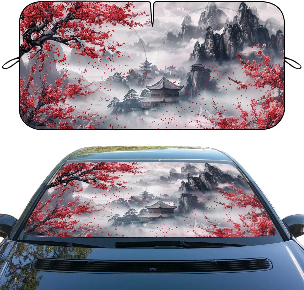 Cherry Blossom Car Windshield Sunshades Japanese Mount Fuji Heatshield Front Window Car Sun Shade Windshield Blocks UV Rays Sun Visor Protector for Car Sedan Truck SUV Accessories 59" L x 31.5" W