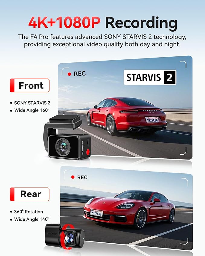 REDTIGER F4 Pro 4K Dash Cam Front and Rear, STARVIS 2 Sensor, 128GB Card
