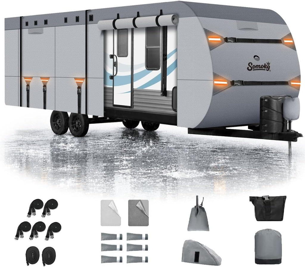 Travel Trailer Cover 30-33 FT, Heavy Duty 7-Layer RV Cover, Rip-Stop Camper Cover, Windproof with 5+2 Straps, UV & Snow Protection, Fits Rooftop A/C