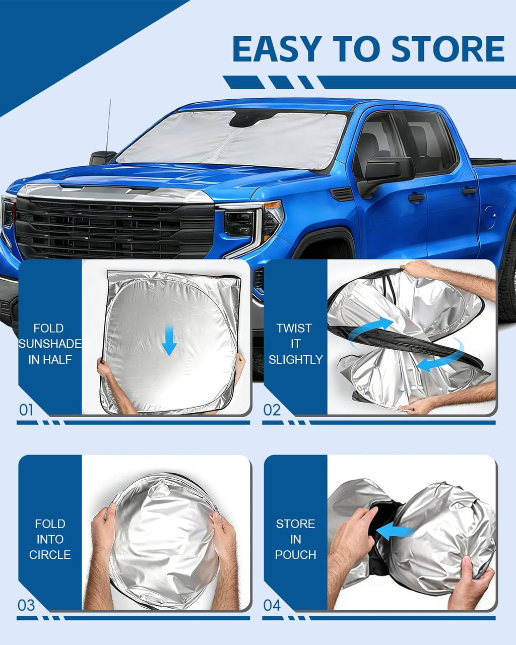 Windshield Sun Shade for Chevy Silverado/GMC Sierra 1500 2500 3500(SLT,AT4,Denali) 2026 2025-2019 Front Window Sun Visor Protector Foldable Block UV Rays Windshield Sunshade Keep Car Cool