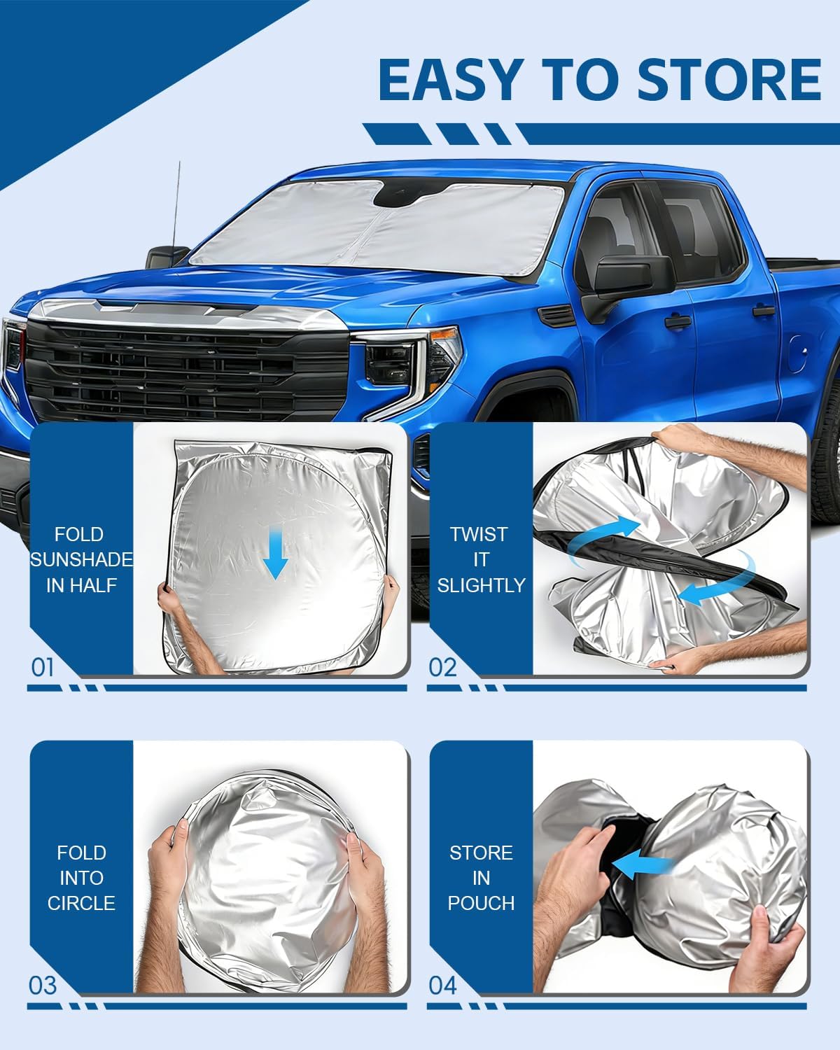 Windshield Sun Shade for Chevy Silverado/GMC Sierra 1500 2500 3500(SLT,AT4,Denali) 2026 2025-2019 Front Window Sun Visor Protector Foldable Block UV Rays Windshield Sunshade Keep Car Cool