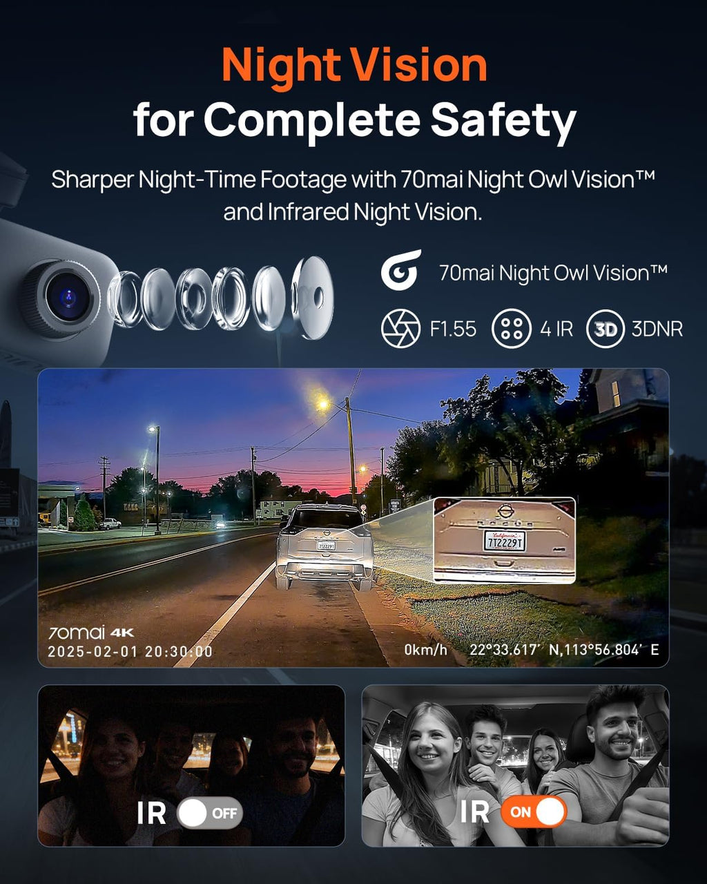 70mai 4k dash cam front and interior, 4k, close-up detail