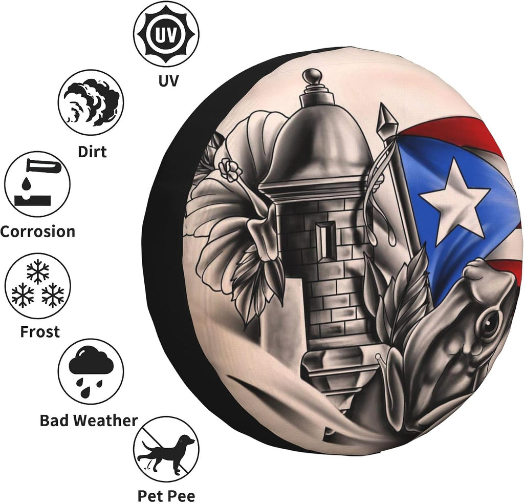 Puerto Rico Flag Frog Spare Tire Cover Universal Wheel Cover Waterproof Dust-Proof Tire Protector with Adjustable Buckle Strap for Trailer RV SUV All Vehicle 15 inch