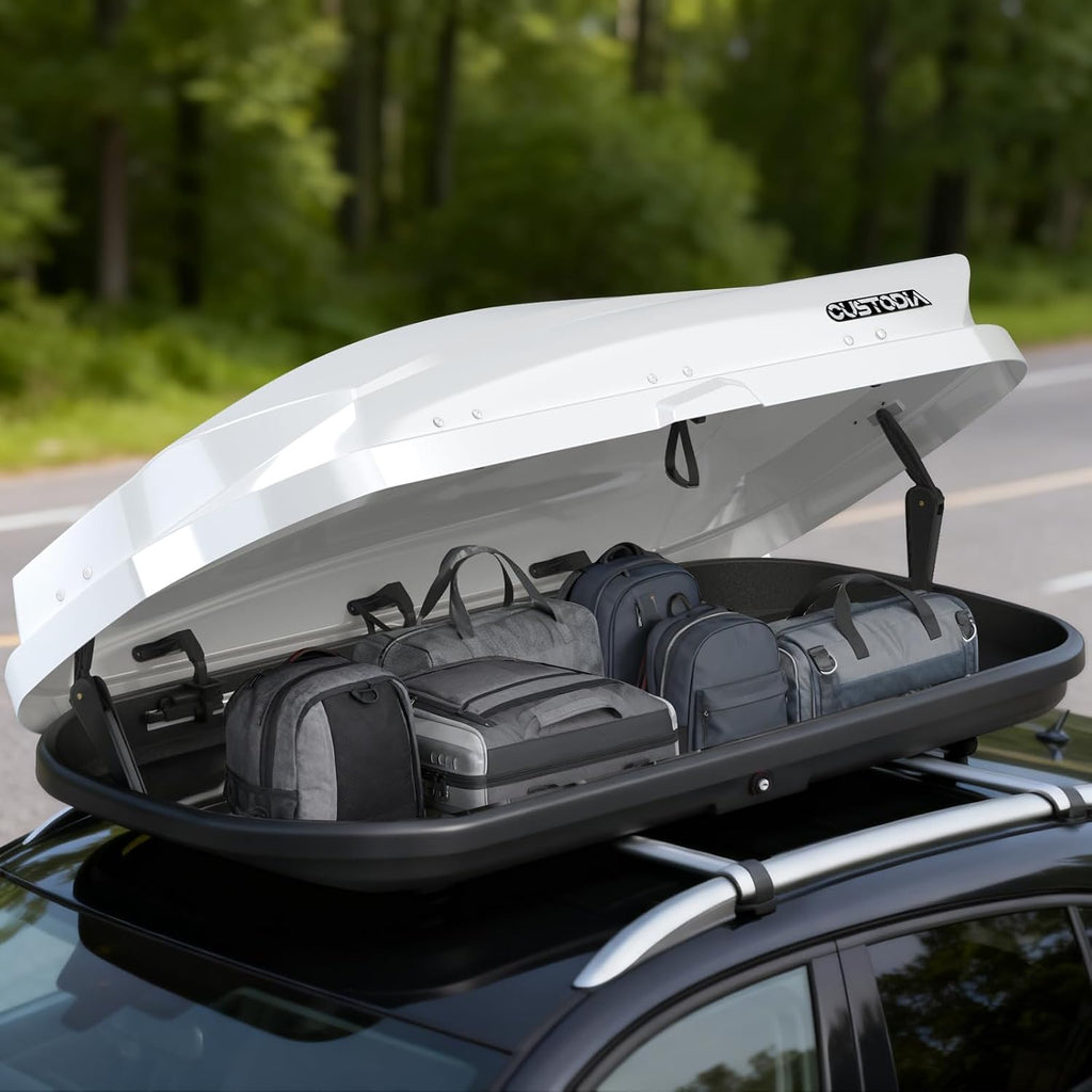 14 Cu Ft Cargo Box, Hard Shell Roof Carrier, Double-Side Opening, White | Fits most crossbars Dual-side opening Secure locking system ABS material For outdoor and travel gear