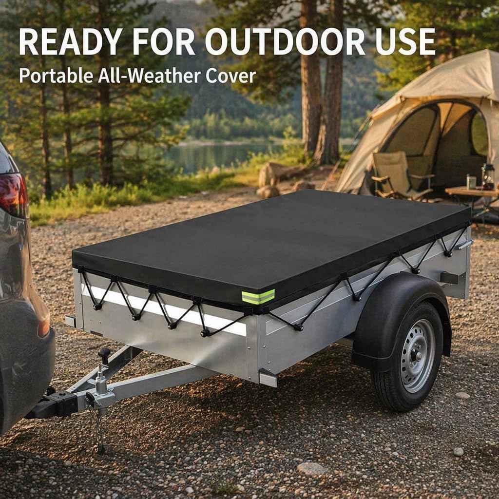 Utility Trailer Cover for Load Trail UT8318 7x18ft 2019-Present, Heavy Duty Water Resistant Trailer Tarp Cover, Outdoor Storage Protection for Flatbed Utility Trailers,A Black