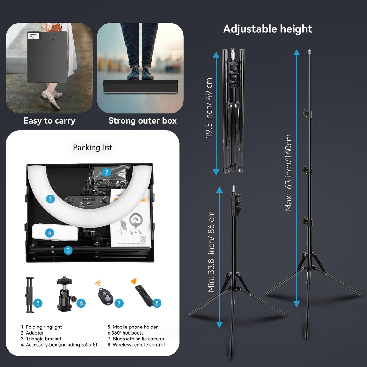 18 inch ring light kit, 55w6700k dimmable led, side view