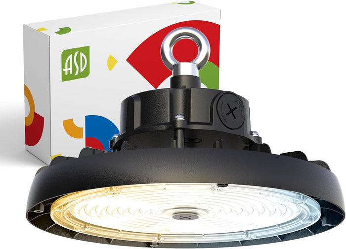 ASD 150W LED High Bay UFO Lighting, Commercial Shop Ceiling Light — 3CCT, Dimmable, IP69K Waterproof — 23600LM 3000-5000K 120-277V DLC Premium & UL Listed — for Warehouse, Garage, Workshop — Black