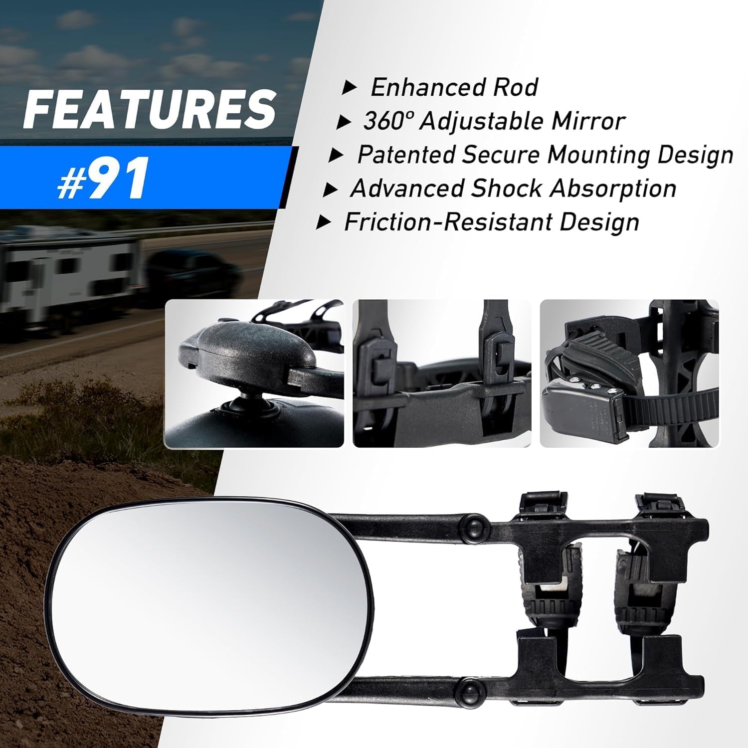 MG91 Dual-Arm Towing Mirrors for Trucks, SUVs, RVs & Trailers | Military Green finish with two securing straps and a rubber strap to help reduce vibration and keep mirrors steady.