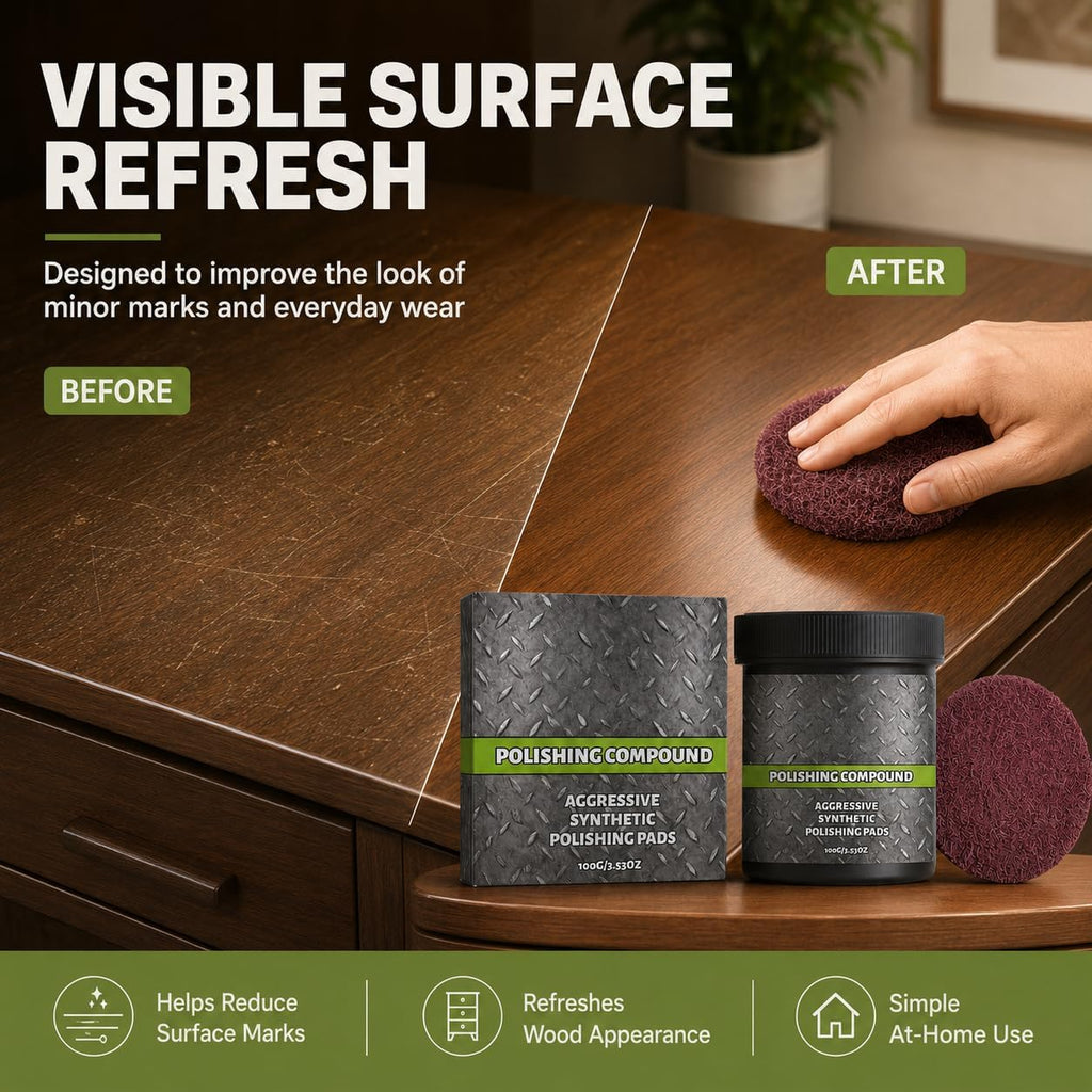 Wood Polishing Compound with Pad, Multi-Surface Scratch Remover and Surface Restoration Polish, Compound and Polish for Wood Furniture, Metal, Tile & Painted Surfaces