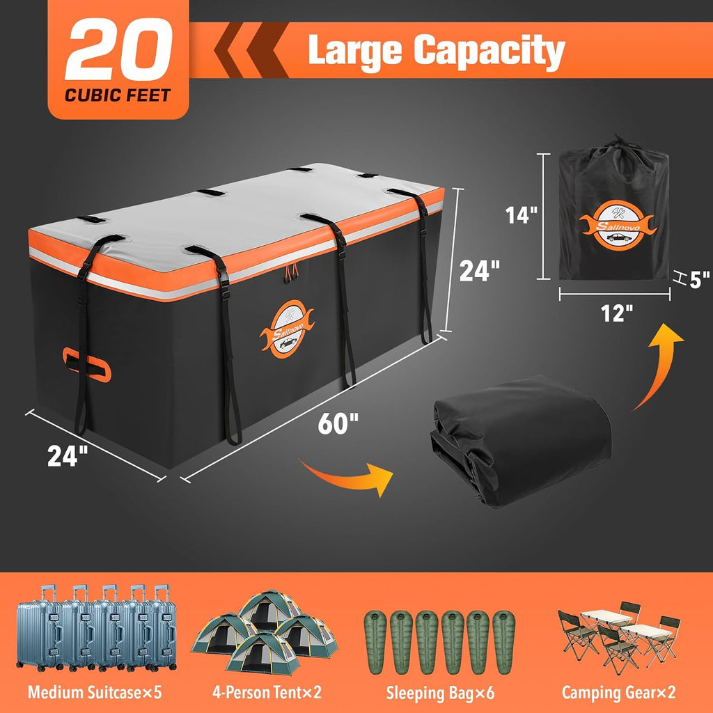 Sailnovo Hitch Cargo Carrier Soft Shell Bag Waterproof 20 Cubic Feet Cargo Bag for Hitch Carrier, PVC Trailer Hitch Storage Bag with 8 Reinforced Straps & Combination Lock & Storage Bag