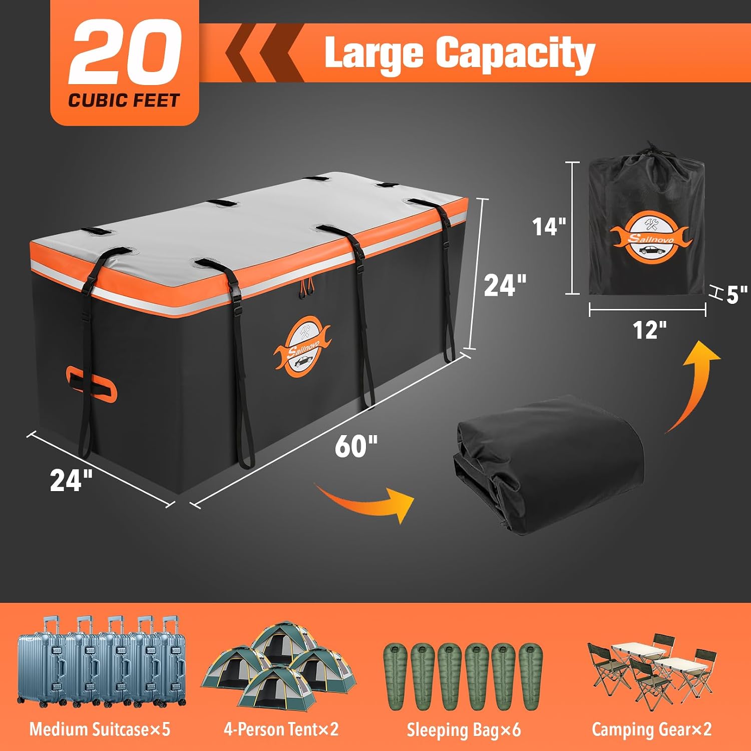 Sailnovo Hitch Cargo Carrier Soft Shell Bag Waterproof 20 Cubic Feet Cargo Bag for Hitch Carrier, PVC Trailer Hitch Storage Bag with 8 Reinforced Straps & Combination Lock & Storage Bag