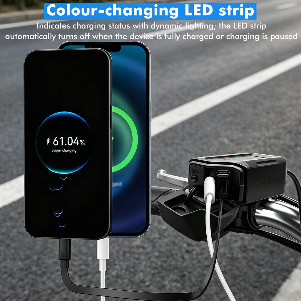 Motorcycle USB Charger 30W PD+18W QC3.0 with 70cm Retractable Type-C Cable,12–24V Waterproof Phone Charger USB Charging Port Adapter with Voltmeter & Switch,3A USB Cable for Dirt Bike,ATV