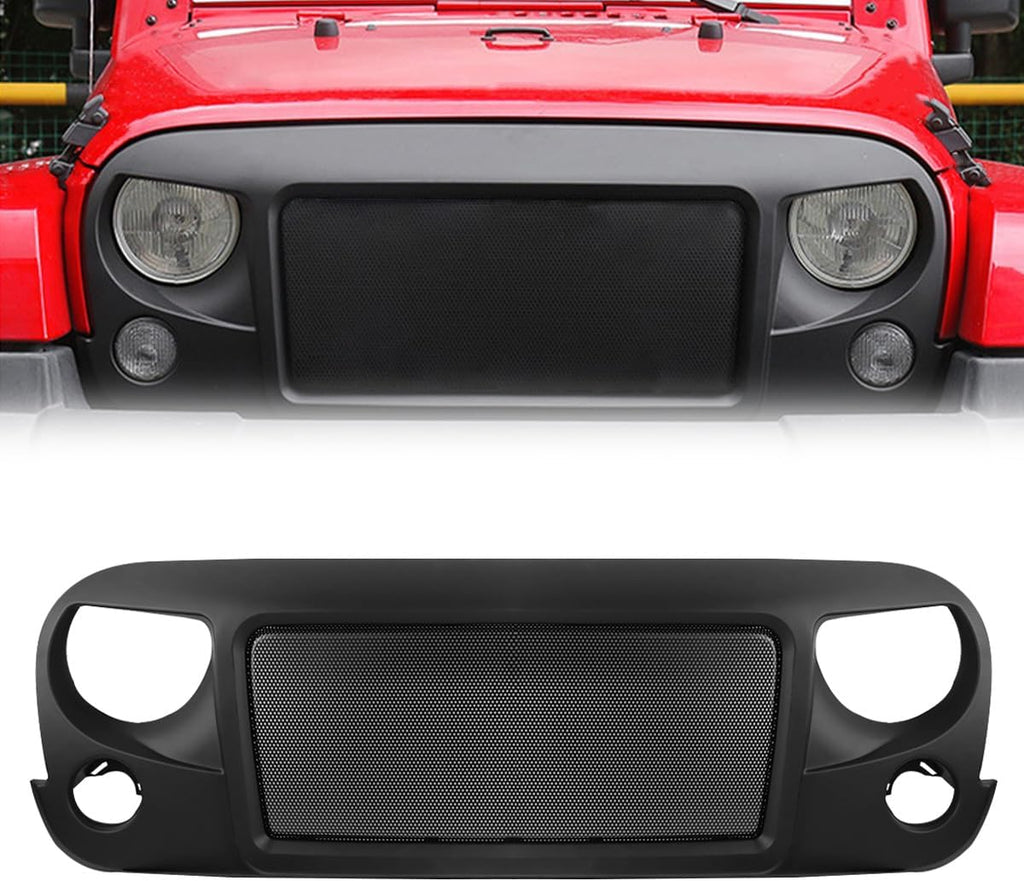 ABS Front Grille Compatible with Jeep Wrangler 2007 to 2017, JK，Matte Black (10 pcs W/BUG SCREEN)