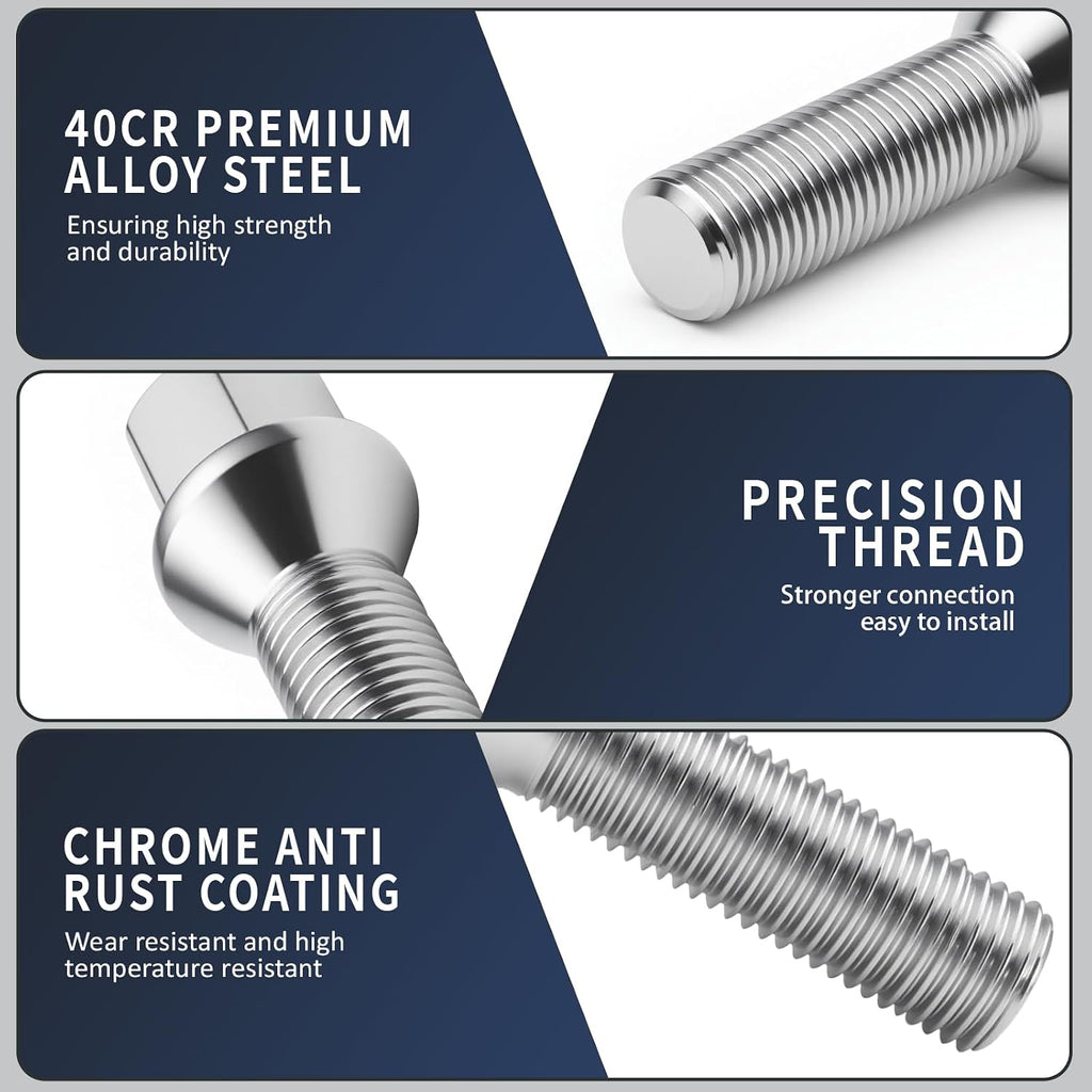 Chrome M14x1.5 Extended Wheel Lug Bolts, 10 Pack Lug Bolt, 40mm Shank Length, 17mm Hex Conical Seat, One-Piece Aftermarket ET Lug Studs Set Compatible with 2003-2010 X3(E83), 2000-2005 X5(E53)