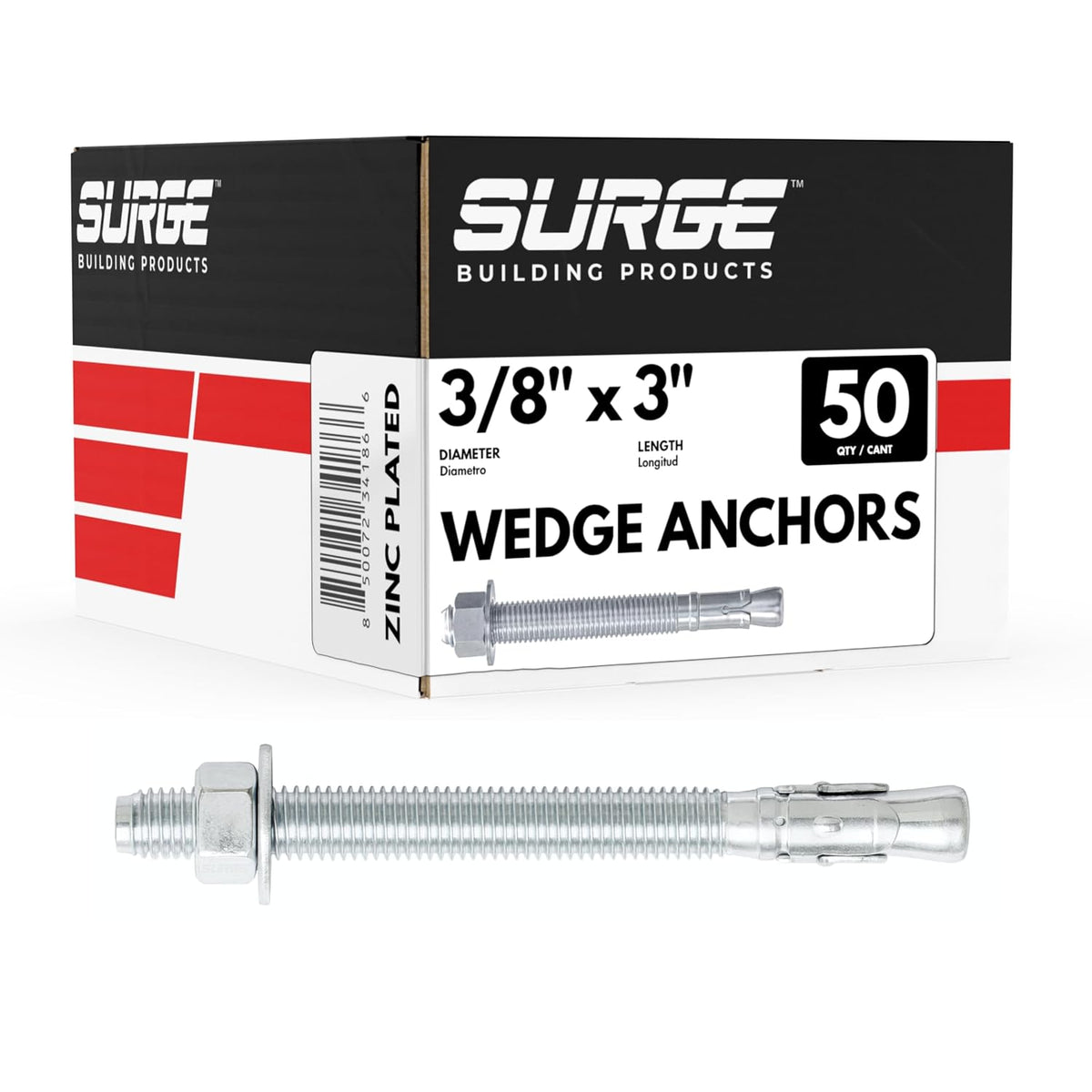 3/8" x 3" zinc-plated wedge anchors for concrete, main product view