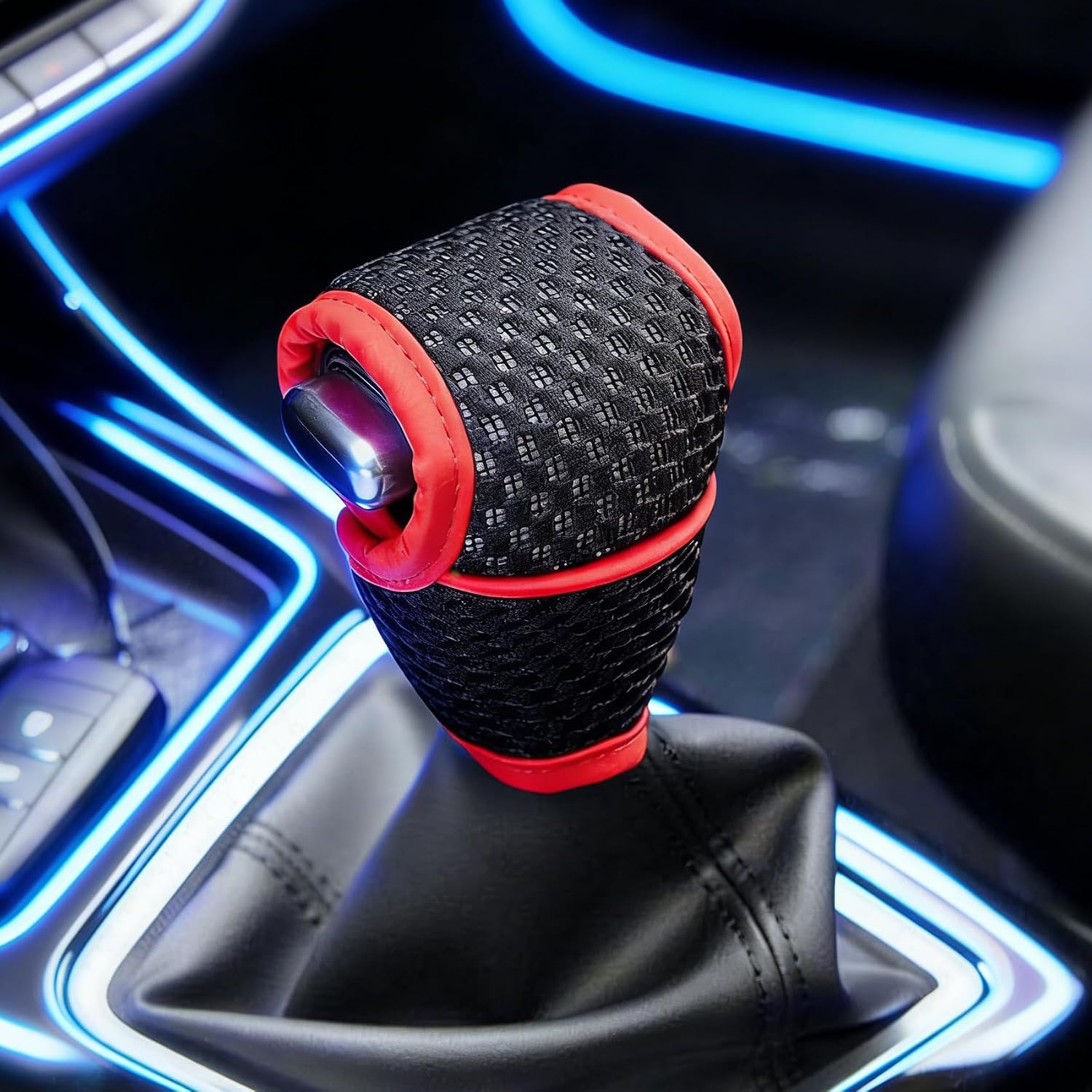 Car Gear Shift Knob Cover, 5D Mesh Fabric Car Gearshift Protector, Anti-Slip Breathable Vehicle Shifter Lever Dust Cover, Universal Decorative Accessories for Cars, Trucks, SUVs (Black Red)