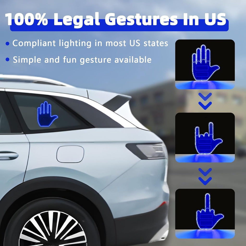 Middle Finger Car Light, Hand Gesture Light for Car, Road Rage Led Sign, Light Up Road Mate Hand Led for Cars Window with Remote, Funny Cars Accessories, for Men (Blue)