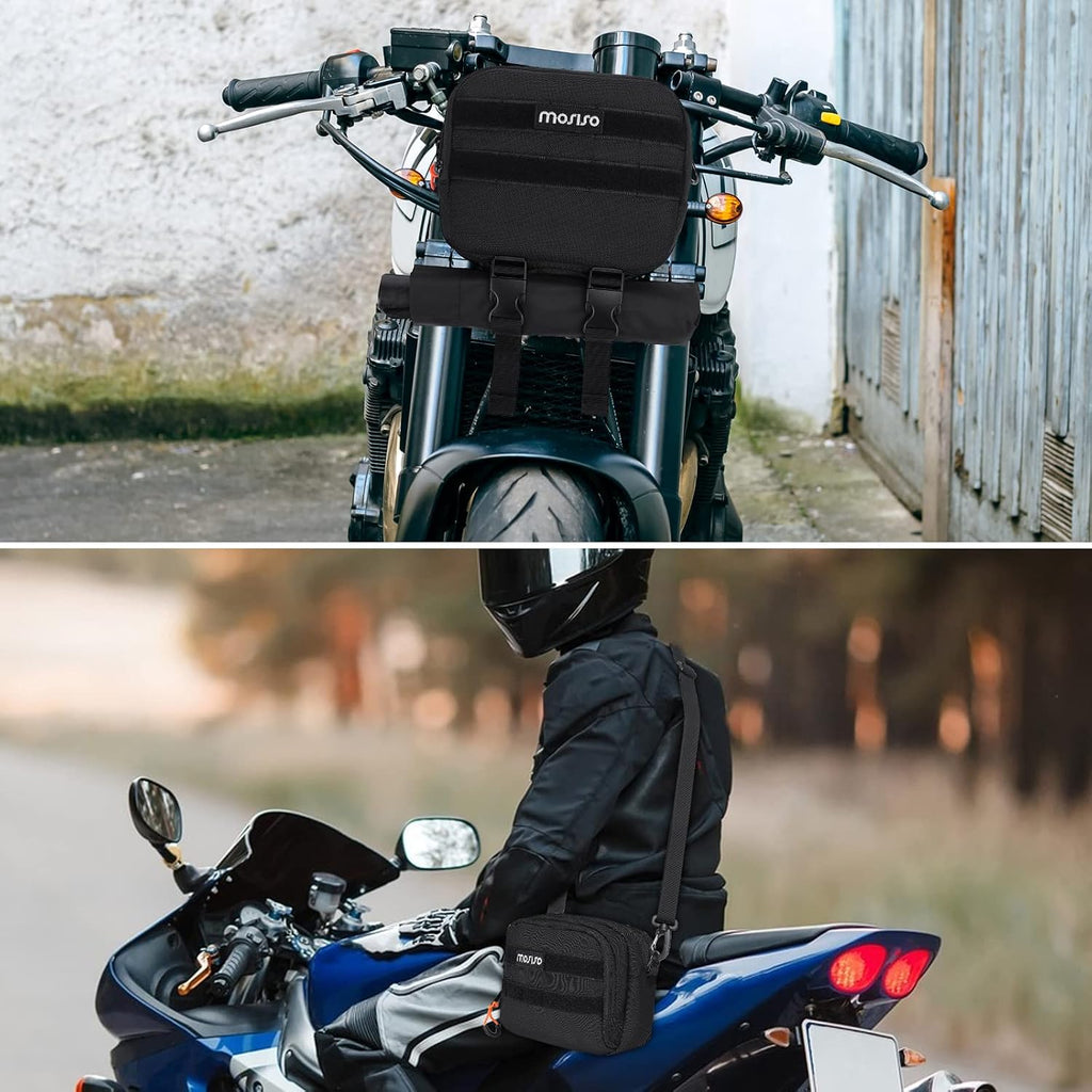 MOSISO Motorcycle Handlebar Bag, Universal Motorcycle Bag for Motor cycle Front Fork, Portable Motor cycle Tool Bags Motorbike Storage Accessory Pouch with Shoulder Strap, Black