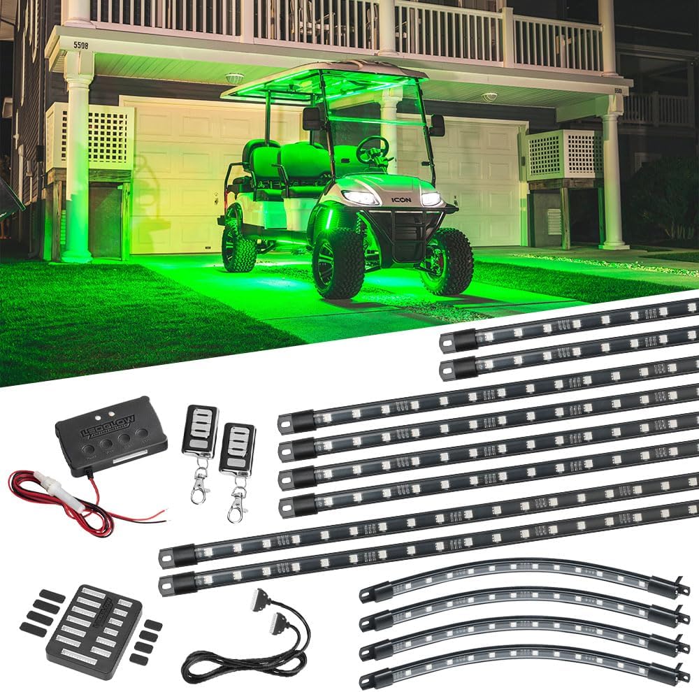 LEDGlow 12pc Million Color LED 6-Seater Limo Golf Cart Underglow Neon Lighting Kit w/Canopy & Wheel Well Lights Fits EZGO, Yamaha, Club Car, ICON, Evolution, Tomblerin, Star EV - for 12-Volt Battery