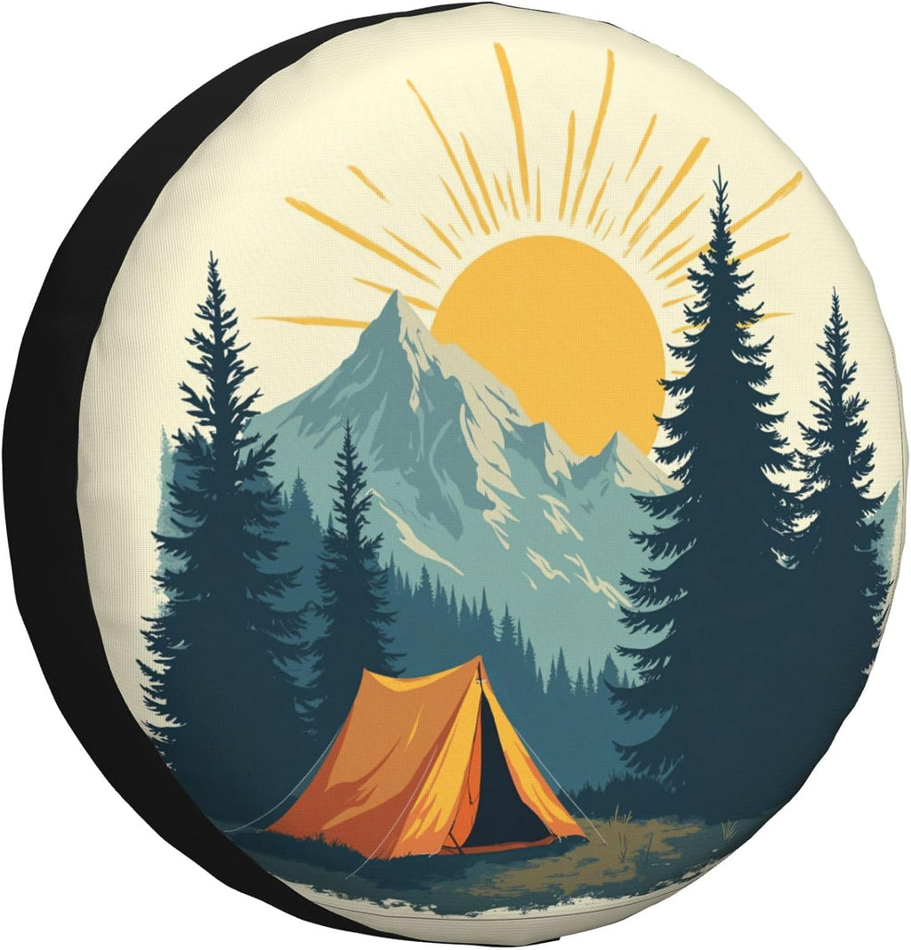 Mountain Camping Sunset Spare Tire Cover Universal Wheel Cover Waterproof Dust-Proof Tire Protector with Adjustable Buckle Strap for Trailer RV SUV All Vehicle 14 inch