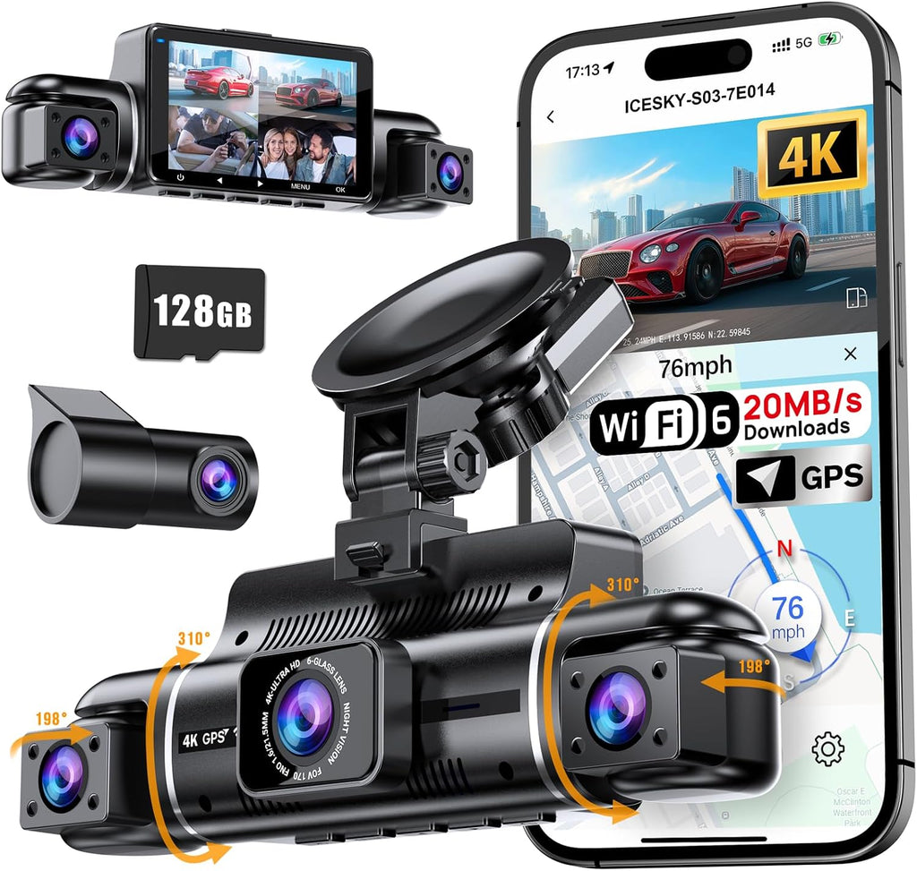 icesky 4k dash cam front and rear left, main product view