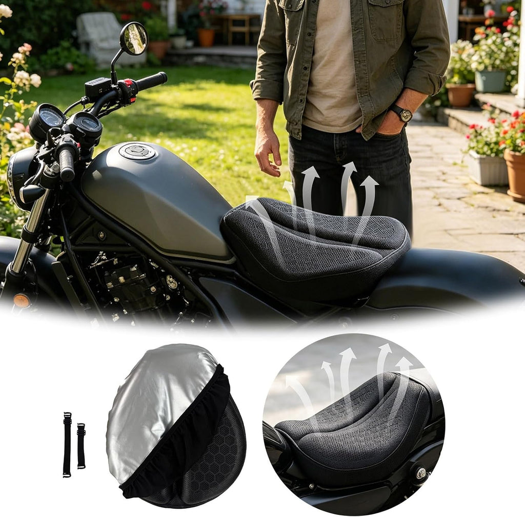 Motorcycle Seat Cushion, 100% Gel 3D Honeycomb Motorcycle Seat Cover with Non-Slip & Breathable TPE Material, Universal Ergonomic Seat Pad for Long Rides, Shock Absorption & Rider Comfort (Black)