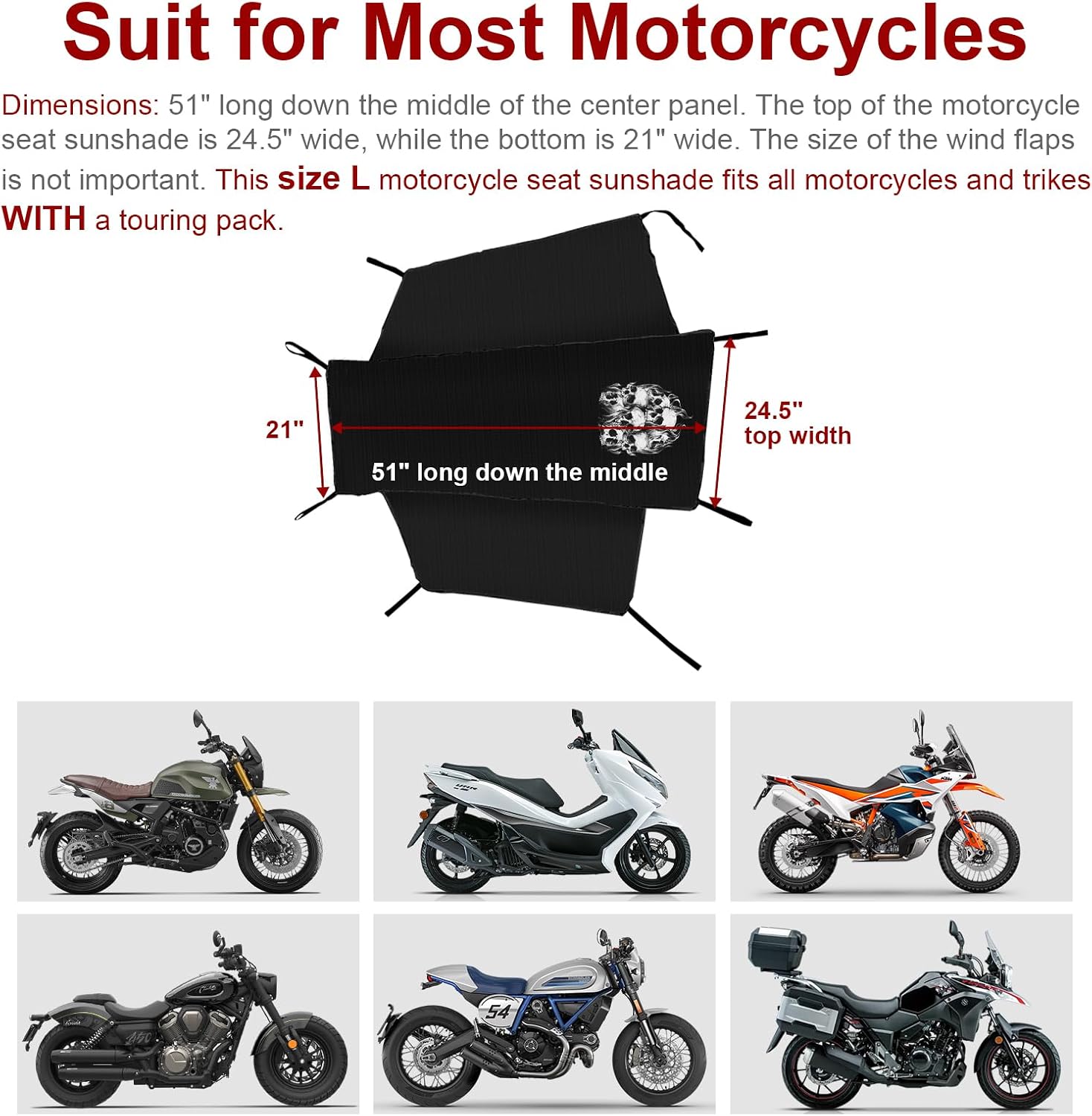 Dream Apparel Motorcycle Seat Cover Sun Shade Waterproof Outdoor Rain Dust Protection Universal Fit Heavy Duty Windproof Motorbike Vehicle Cover with Storage Bag, Black, Size L
