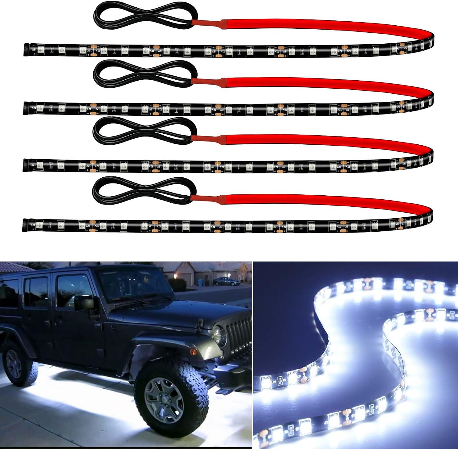 12V Led Light Strip Connectable 24Inch White Led Strip Lights for Car Golf Cart Motorcycle Boat Truck Cabinet Waterproof Led Light Strip,4Pack