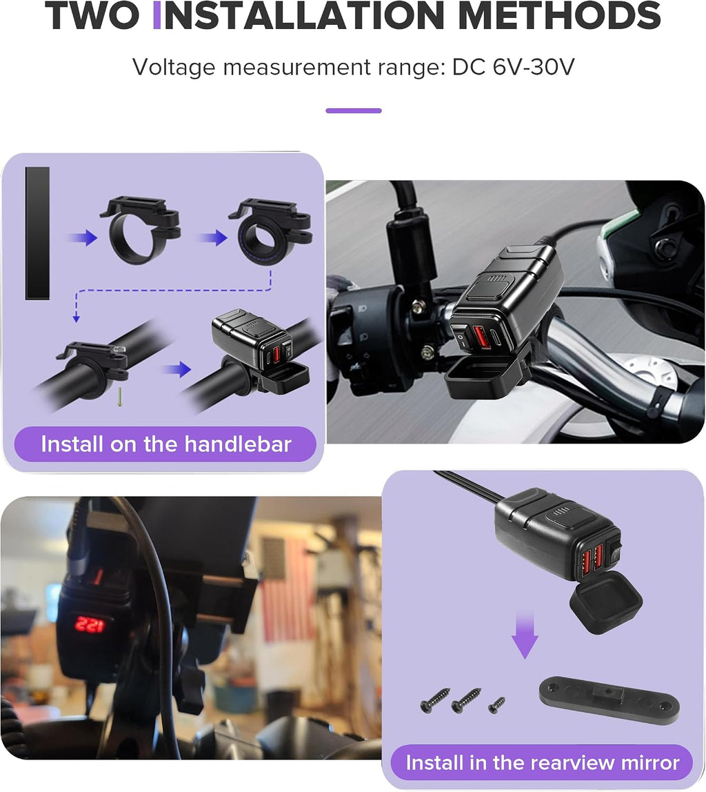Motorcycle Phone Charger,Car Accessories Universal Motorcycle USB Charger with Voltmeter and ON/Off Switch,Compatible with IPad,iPhone,iPod,HTC,PDAs,MP3 Players,Suitable for Most Cars
