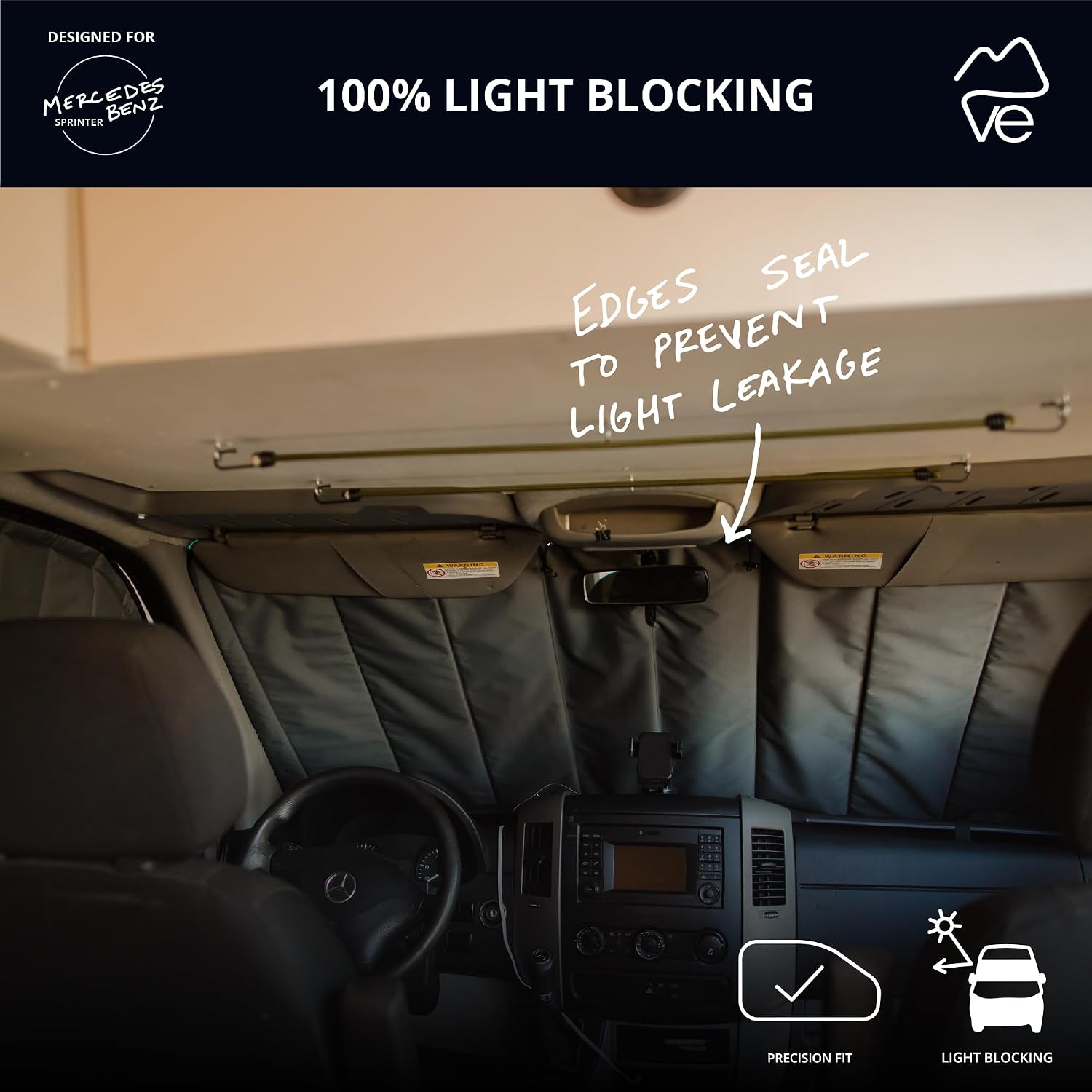 VanEssential Insulated Reflective Blackout Window Cover Designed for Mercedes-Benz NCV3 & VS30 (Van Years 2007 to Current), Front Windshield, Charcoal Gray Reflective