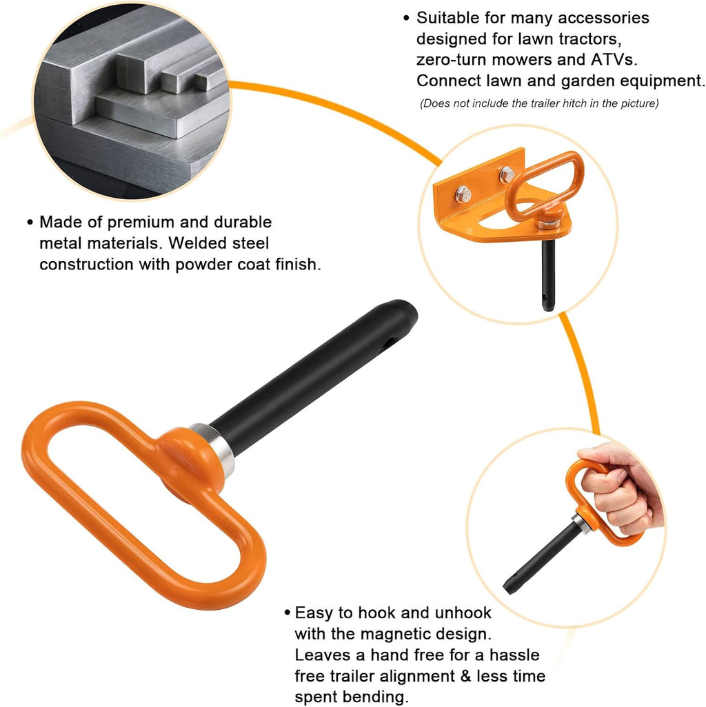 CZC AUTO Magnetic Hitch Pin 5/8" Lawn Mower Trailer Hitch Pin, Magnet Trailer Gate Pin for Simple One Handed Hook On & Off - Securely Hitch Lawn & Tow Behind Attachment, Orange