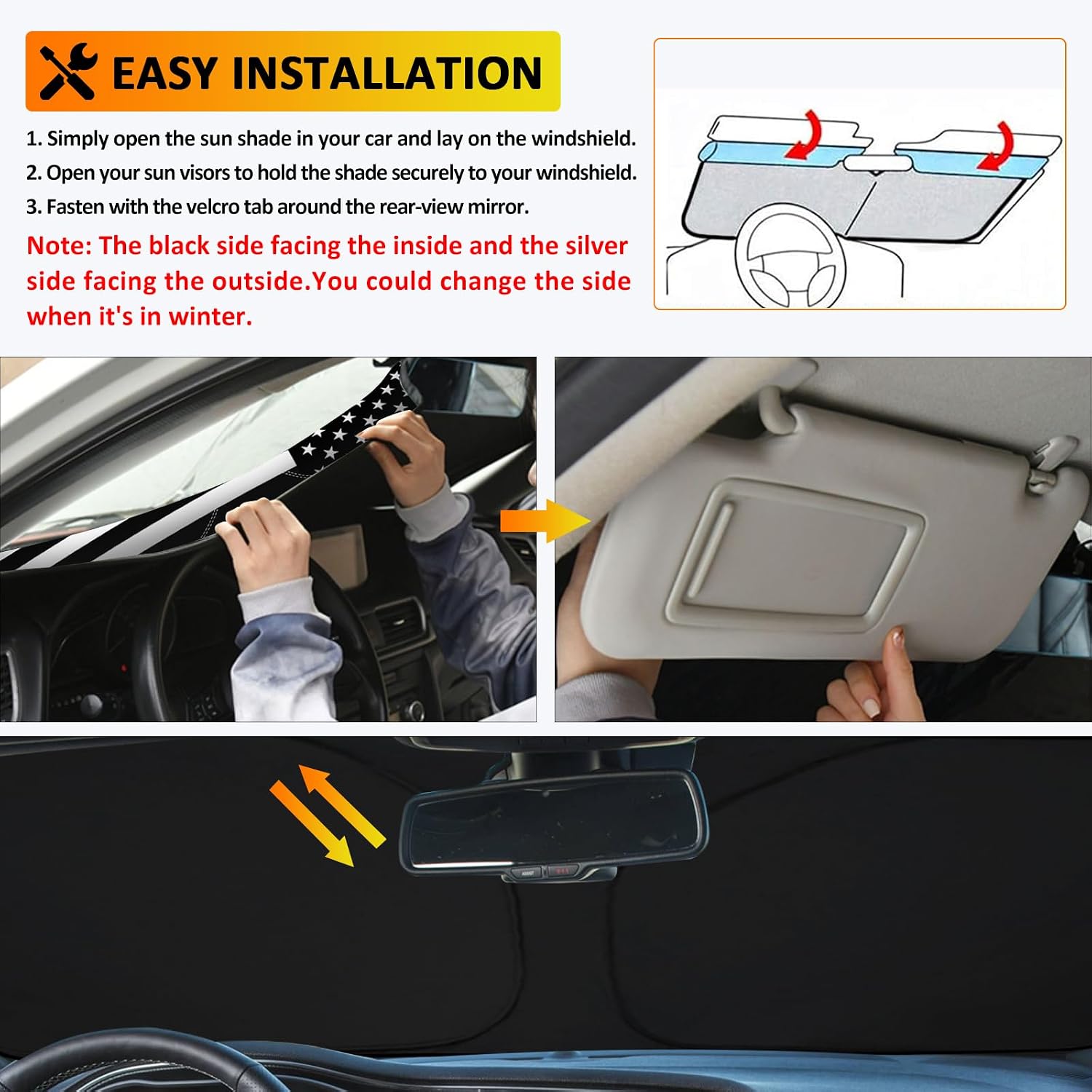 D-Lumina Winshield Sun Shade with USA Flag for 2015-2023 Dodge Challenger, Foldable Front Sun Shield Protector Blocks UV Rays, Window Sunshade Sun Visor Interior Accessories