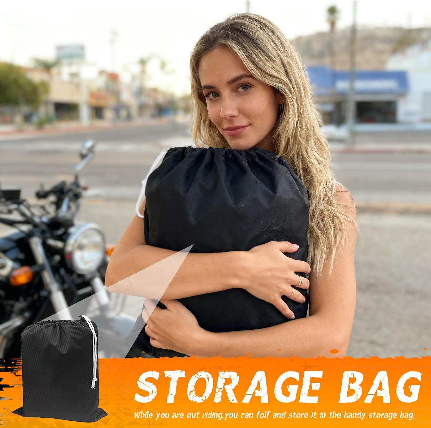 Motorcycle Cover Waterproof Outdoor All Season Weather Sun Rain Protection with Lock-Holes, Night Reflective & Storage Bag Fits up to 96" Motorcycles Powersports Vehicle Cover