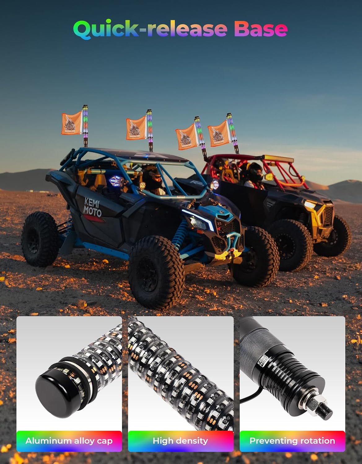 KEMIMOTO 2pc 2ft Fat Whip Lights for Side by Side, Turning Signal Function Compatible with Polaris RZR Can-Am Maverick X3, LED Whip Lights for UTV ATV Buggy Boat Offroad