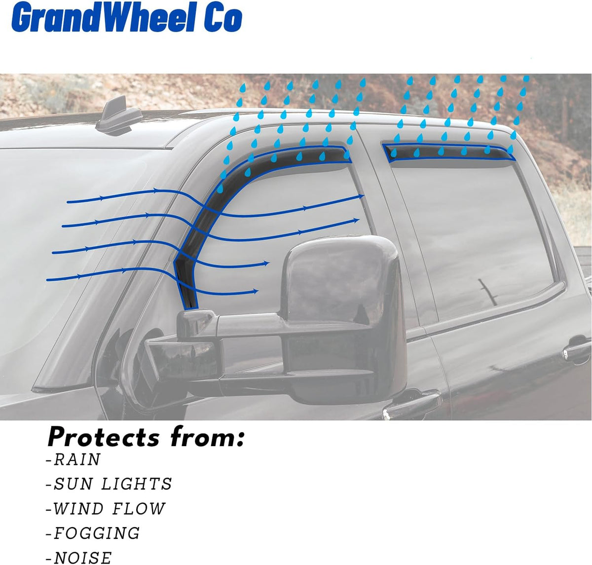 window deflectors smoke tinted in-channel side window vent, front angle view