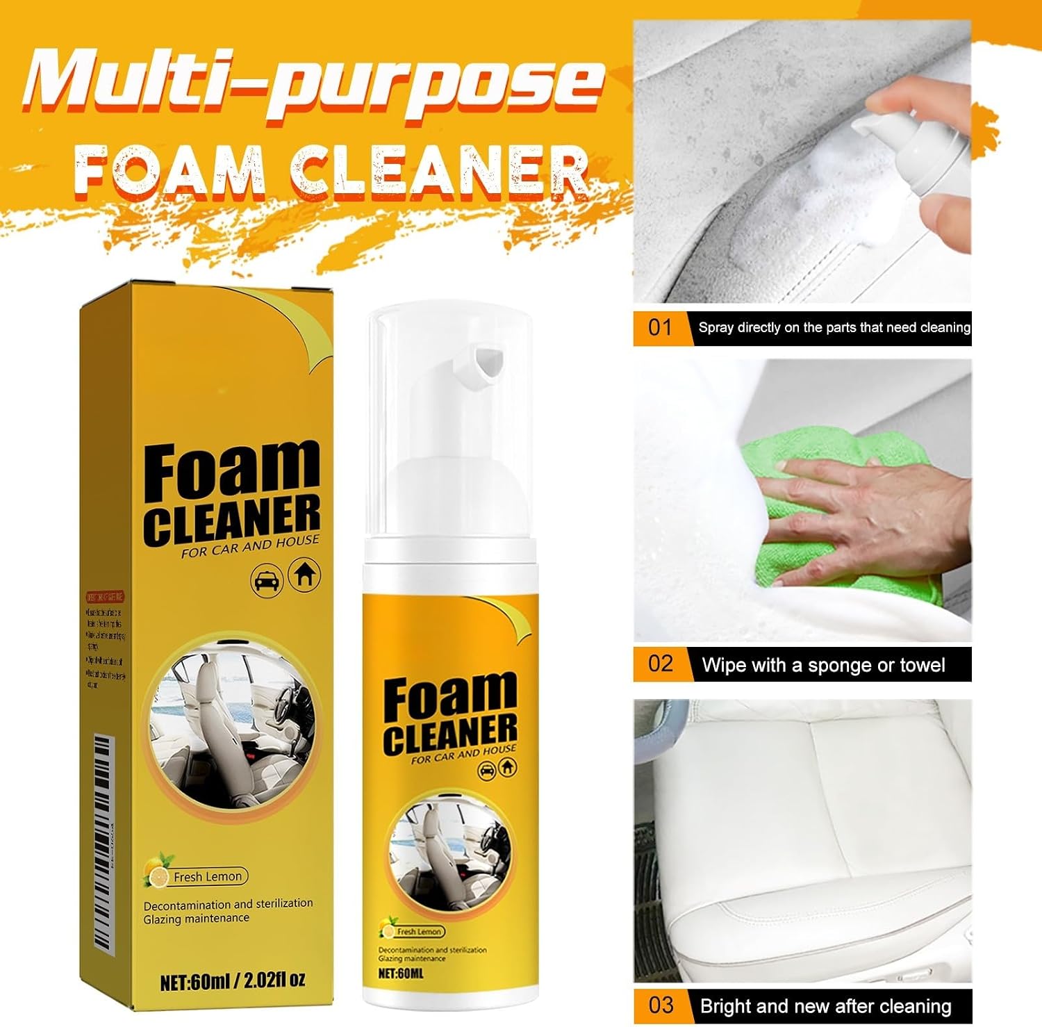 Multi-Purpose Foam Cleaner for Car and Home, Car Steering Wheel Foam Cleaner,100ml, Fresh Lemon Scent, with Cleaning Accessories, 2-Pack