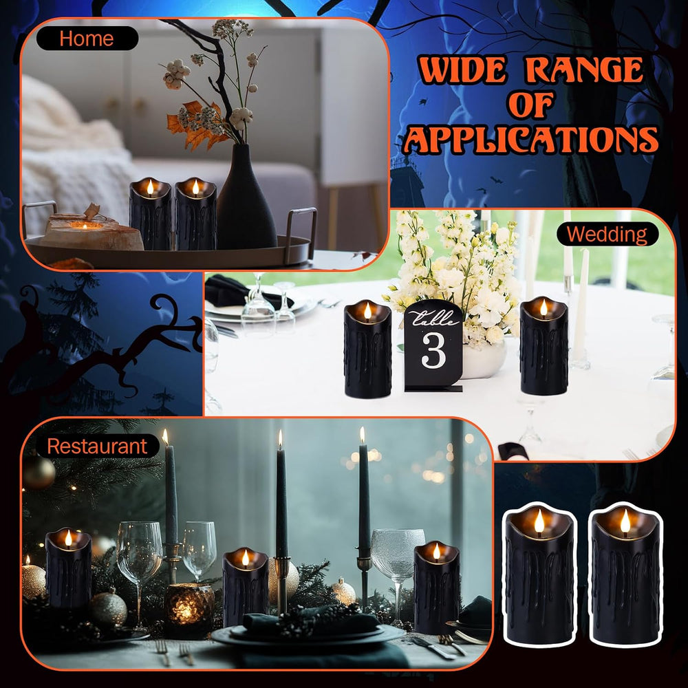 2 Pack Halloween Black Flameless Pillar Candles with Remote, 3 x 6 Inch