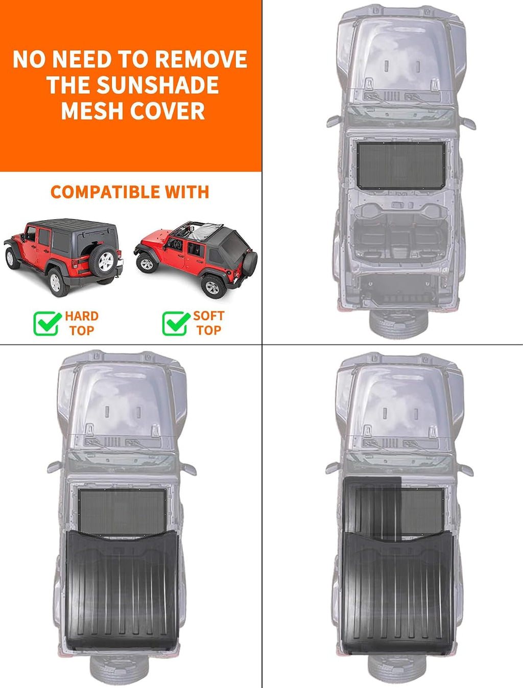 Savadicar Mesh Shade Top, Roof Sunshade Cover for 2018-2023 Jeep Wrangler JL JLU 4XE & Gladiator JT, UV Protection & Heat Reduction for Enhanced Comfort on the Road, Durable Polyester, Black