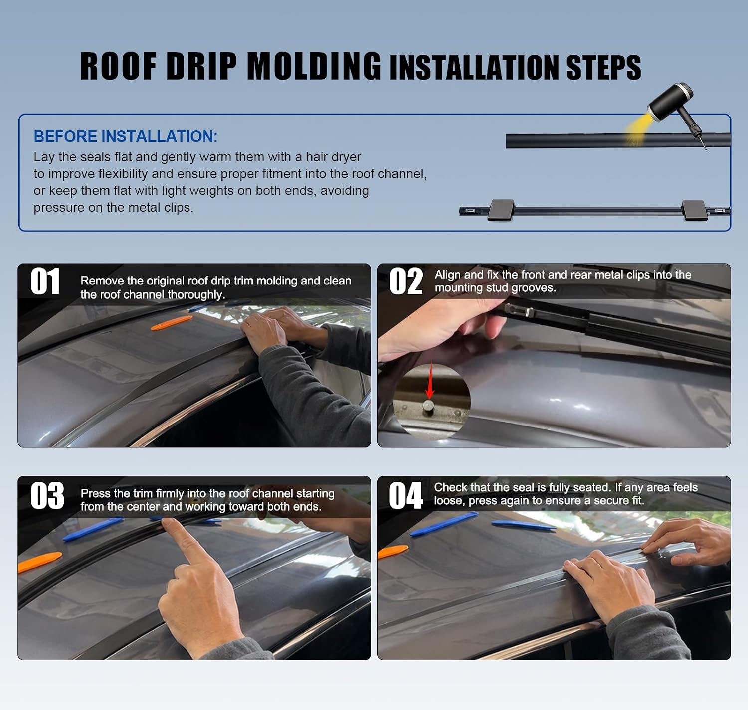 ItranMc Roof Drip Molding Kit for 2012-2015 Honda Civic 4-Door Sedan, Black Rubber Weatherstrip Trim for Left & Right Side,Replace#74316TR0A01 74306TR0A01