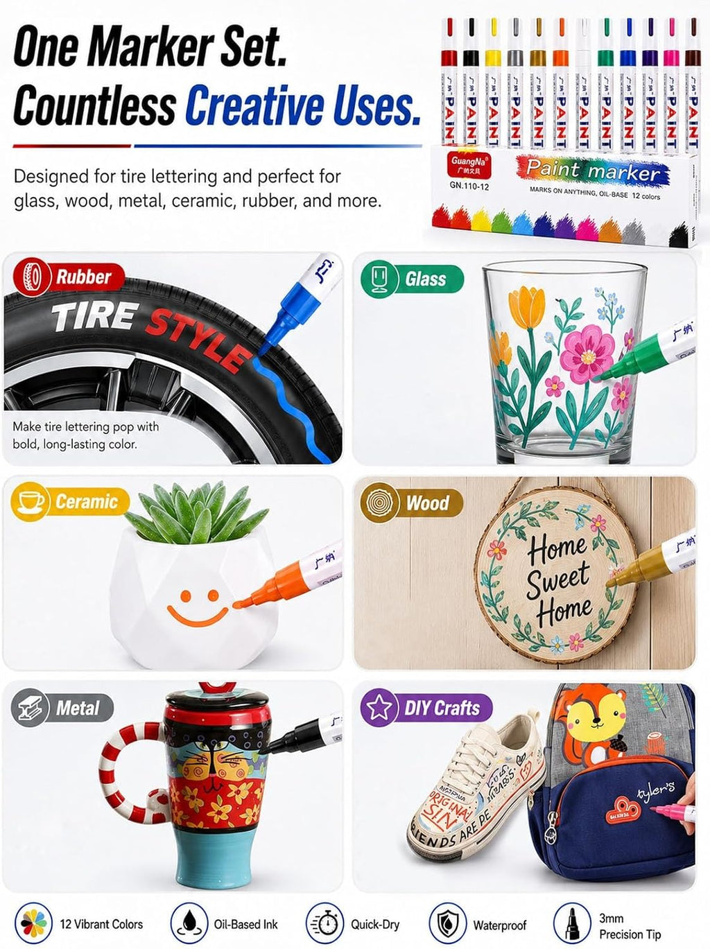 Oil-Based Tire Lettering & DIY Detail Pen Waterproof Quick-Dry Permanent | Paint Markers Letter Touch up Car 12 Colors 3mm Writing Width Lettering DIY Detail for Rubber Wood Glass Ceramic Metal