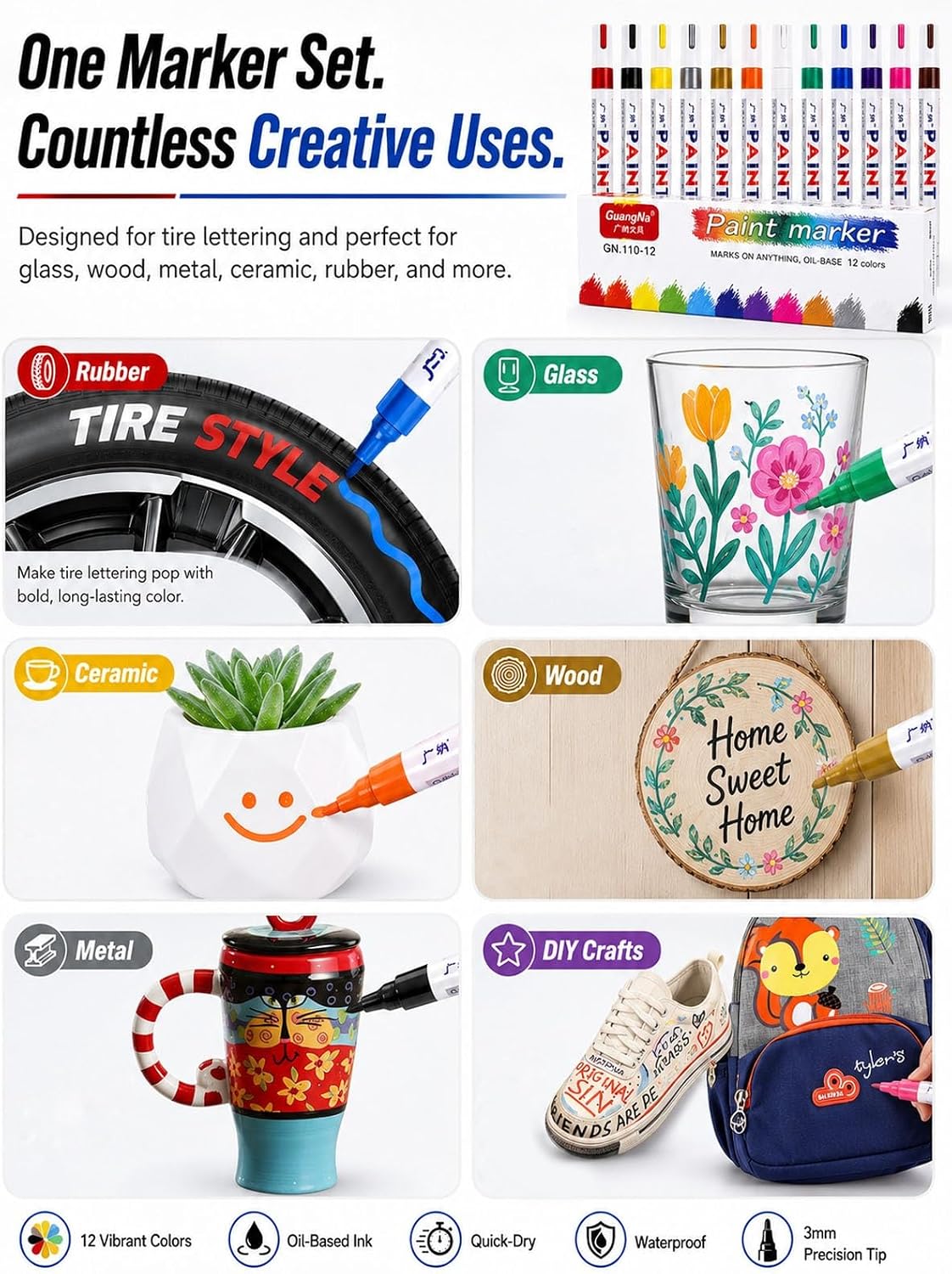 Oil-Based Tire Lettering & DIY Detail Pen Waterproof Quick-Dry Permanent | Paint Markers Letter Touch up Car 12 Colors 3mm Writing Width Lettering DIY Detail for Rubber Wood Glass Ceramic Metal
