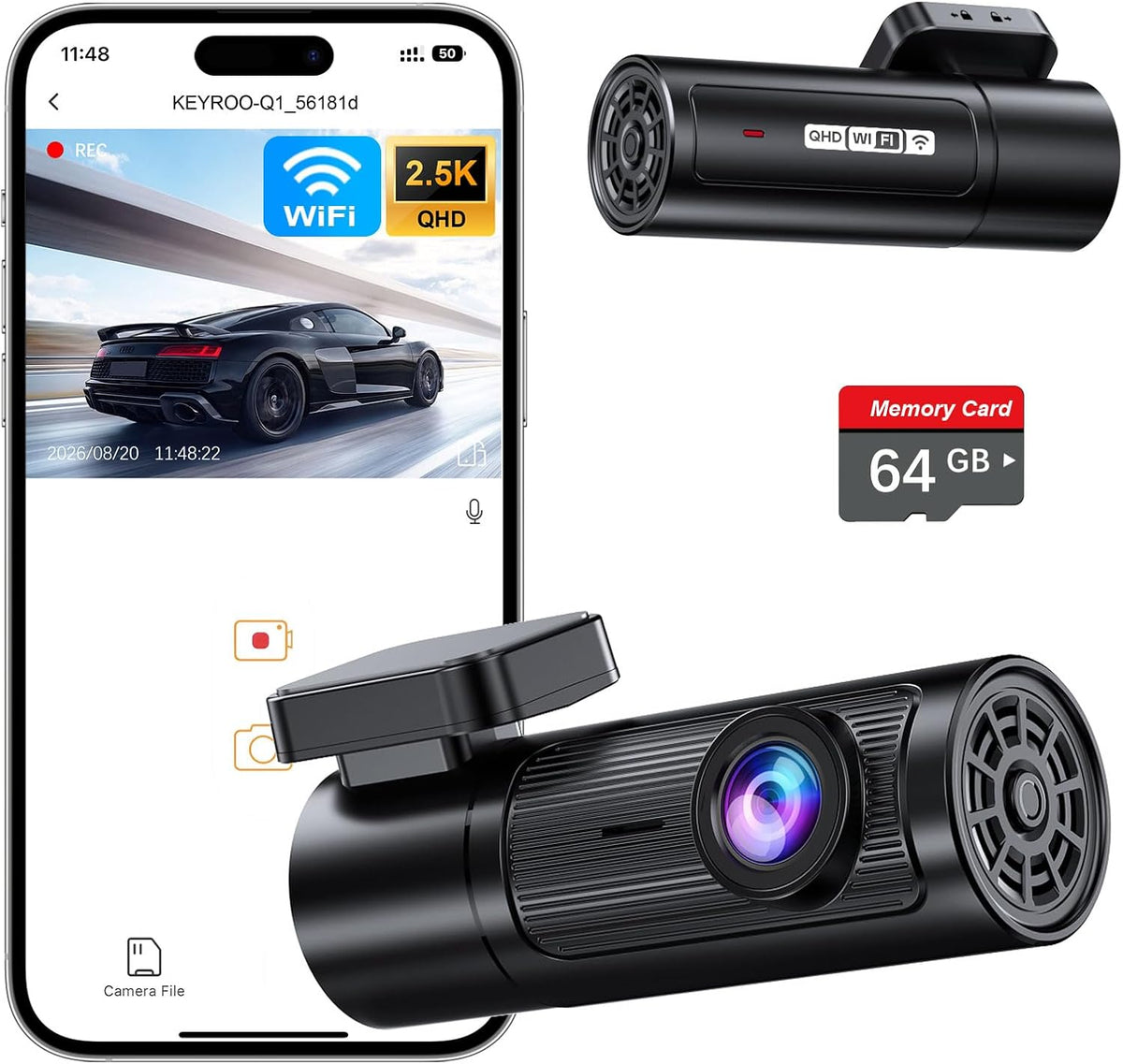 2.5k dash cam front, 64gb card included, mini, main product view