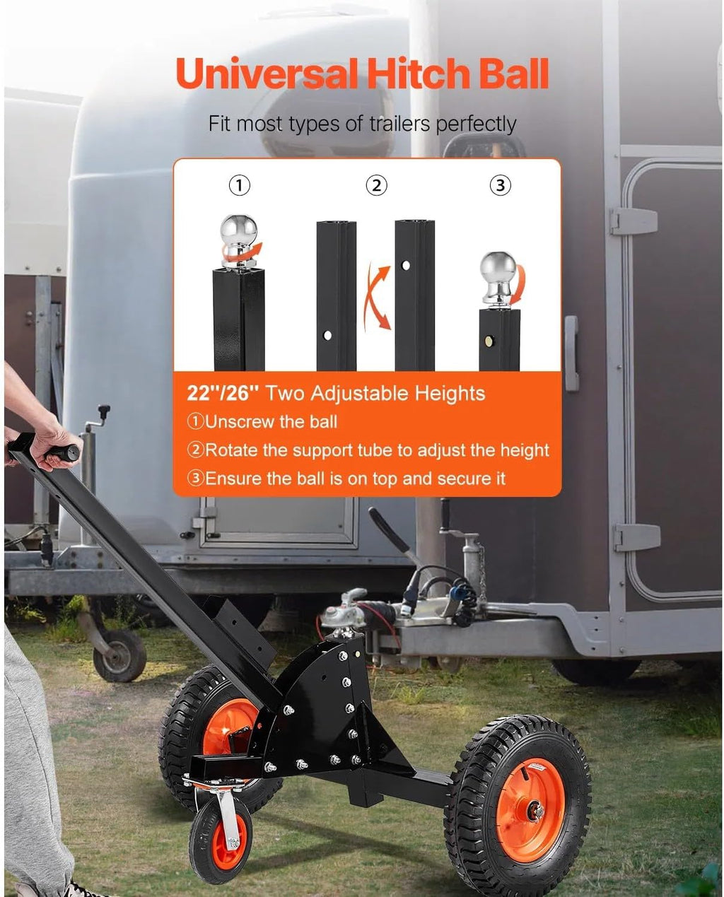 Trailer Dolly with 1500 Lbs Tongue Weight, 2 Inch Ball, 16 Inch Pneumatic Tires and Universal Wheel, Portable Tow Mover for RV & Car Trailers